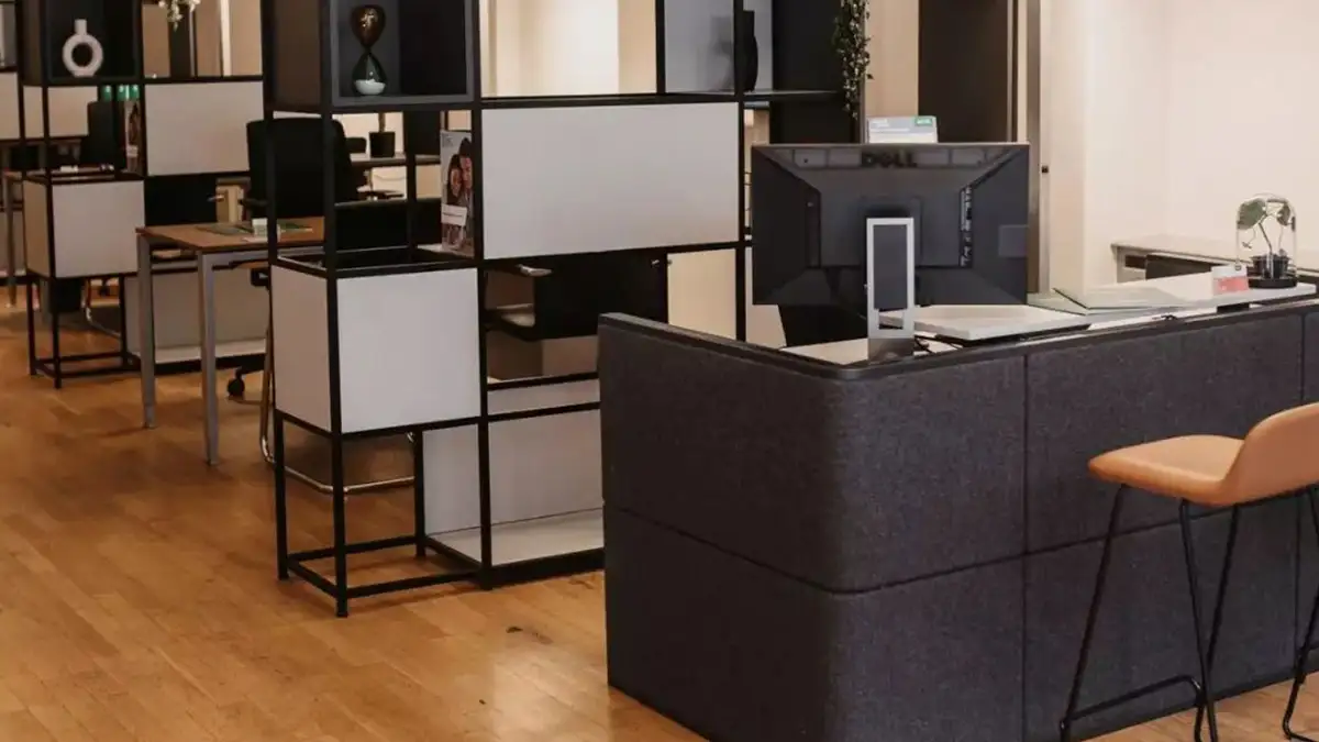 Uso de estanterías modulares como división de ambientes en un espacio de trabajo abierto.