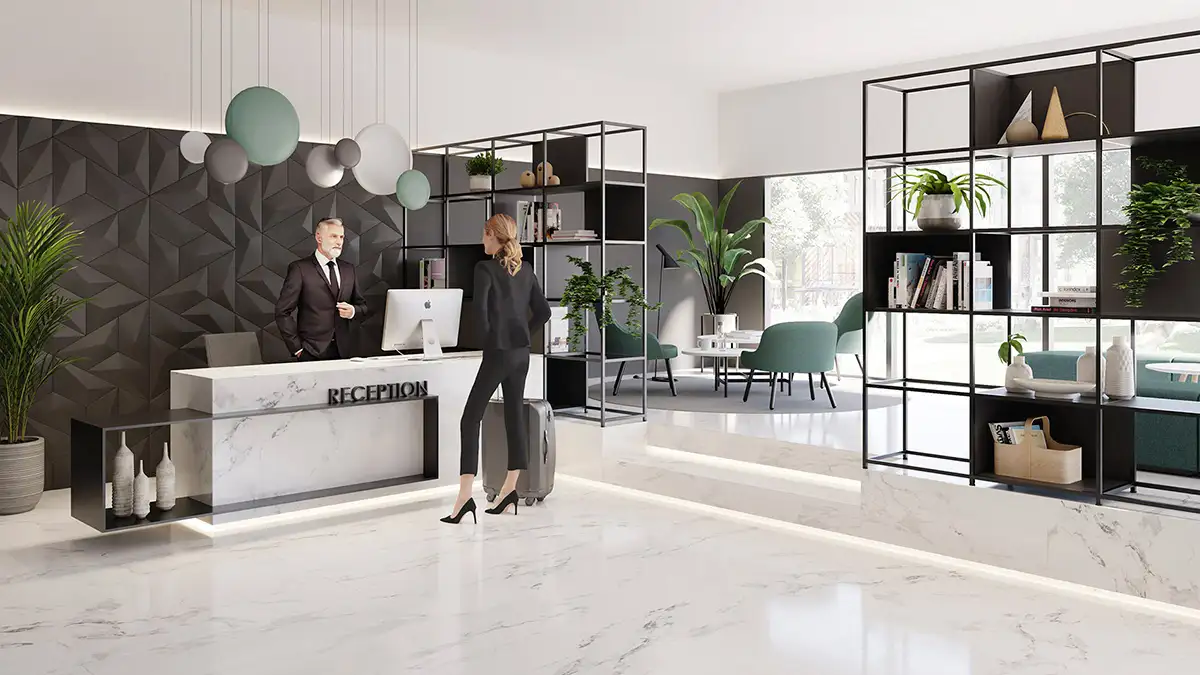 Estantería modular de madera y metal en una oficina moderna y luminosa.