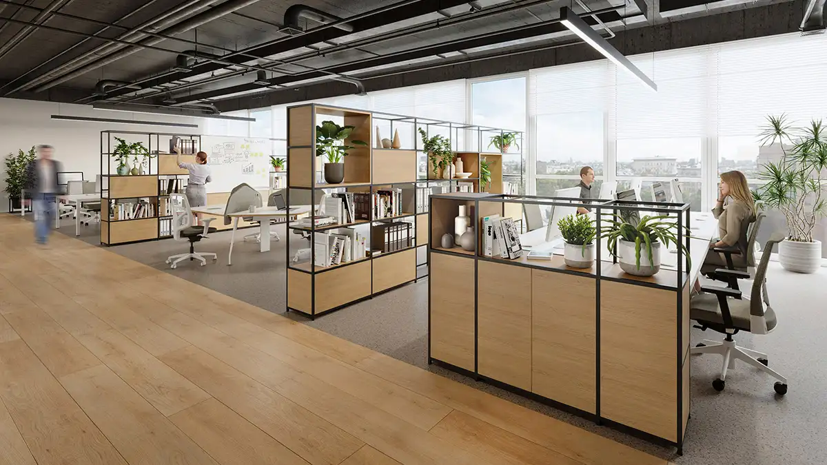 Oficinas modernas con estanterías modulares Shelving House integradas en el diseño.